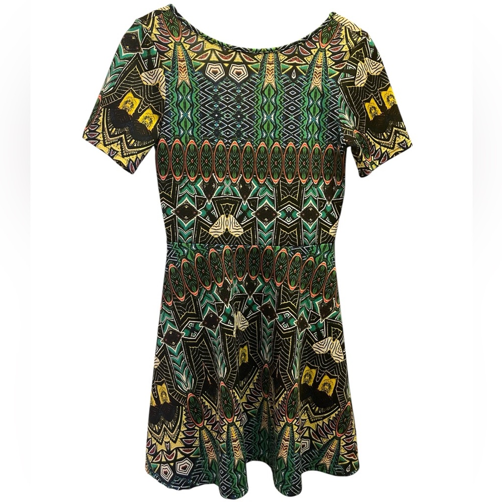One Clothing Green Yellow Black Tribal Patterned Fit and Flare Mini Dress Sz M